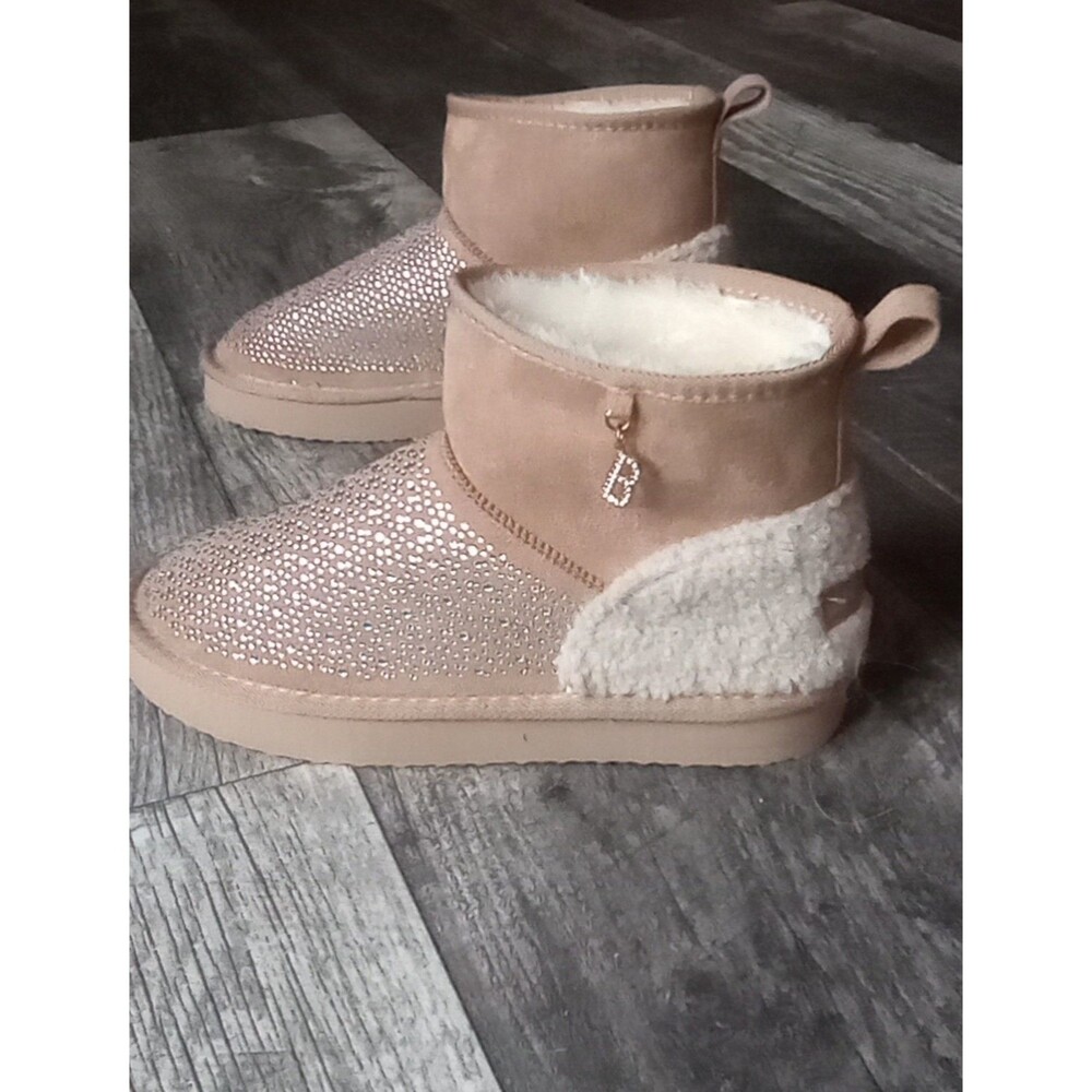 Bebe Women's 8 Tan Rhinestone Faux Suede/ Faux Fur liner Ankle Boots, NWOT